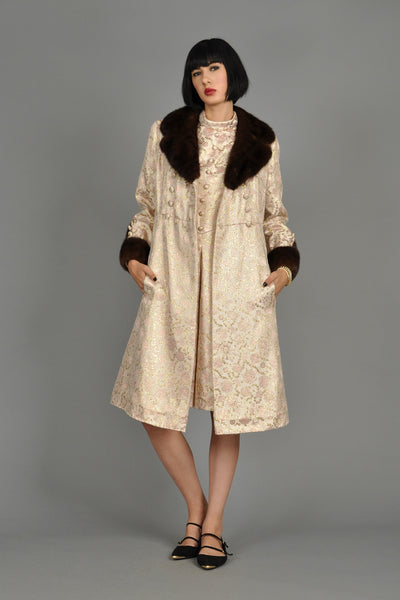 Pale Pink 1960s Brocade Dress + Coat w/Mink Trim