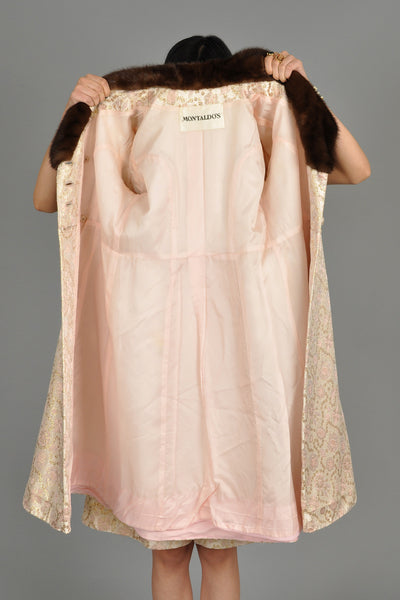 Pale Pink 1960s Brocade Dress + Coat w/Mink Trim