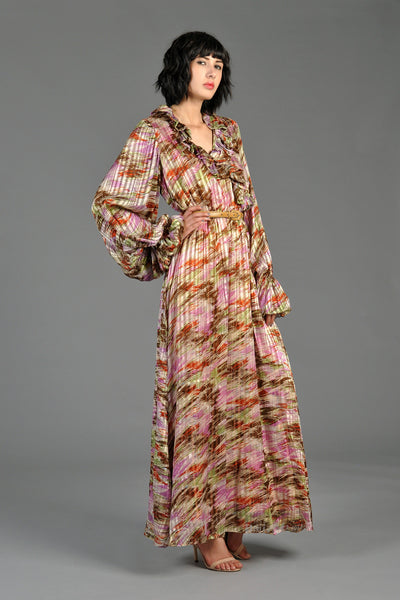 Sheer Blouson Sleeved Brushstroke Silk Maxi Gown