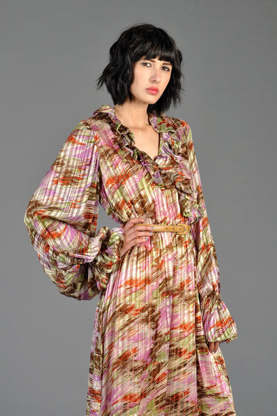 Sheer Blouson Sleeved Brushstroke Silk Maxi Gown