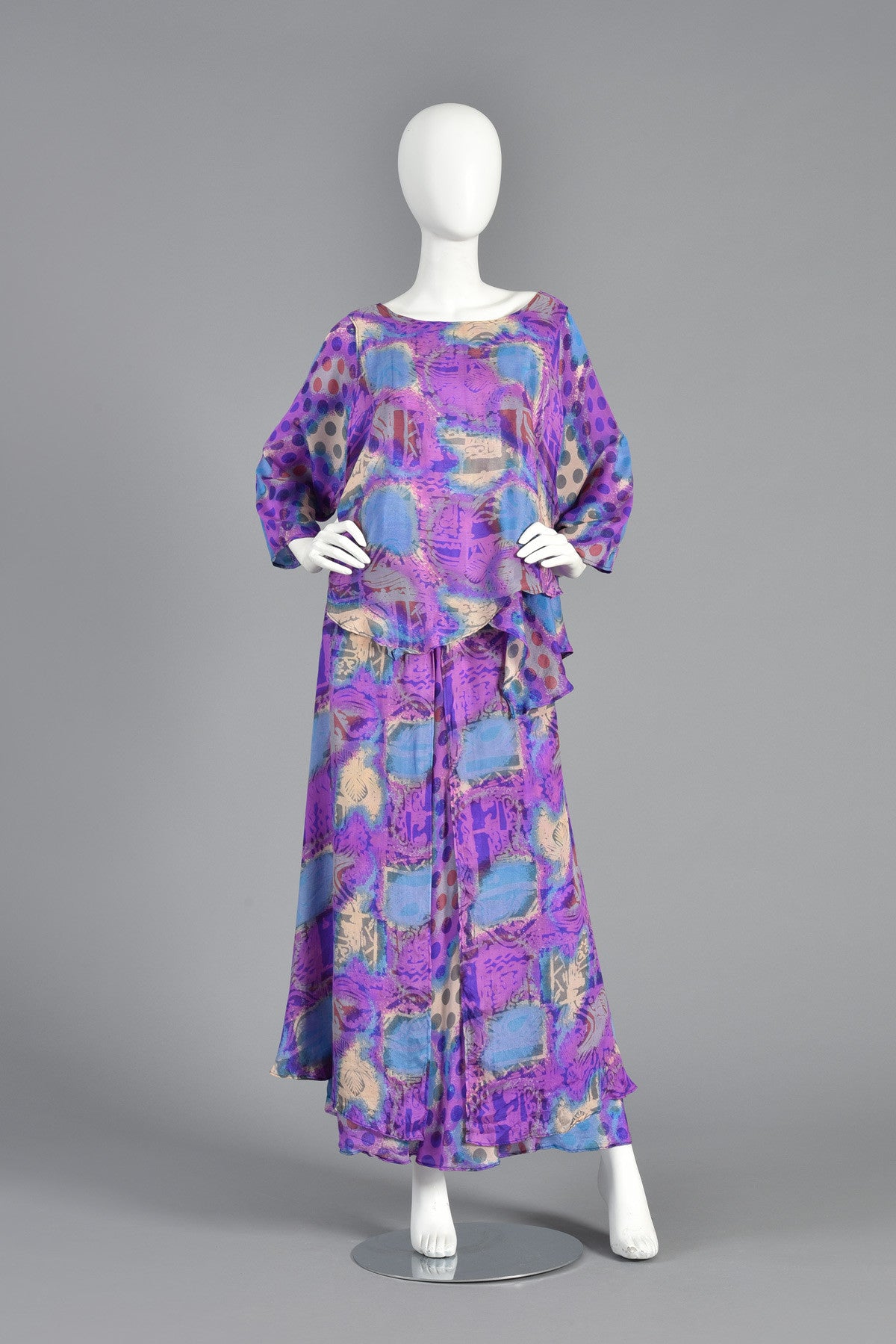 Asymmetrical Draped Graphic Silk Dress Ensemble