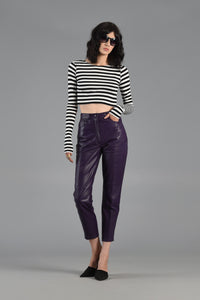 High Waist Purple Calf Skin Leather Pants