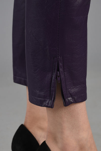 High Waist Purple Calf Skin Leather Pants