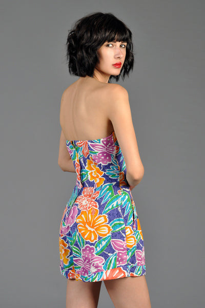 Graphic 1980s Strapless Cotton Floral Playsuit