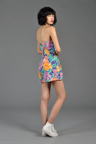 Graphic 1980s Strapless Cotton Floral Playsuit