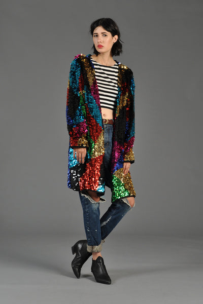Metallic Colorblock Rainbow Paillette Draped Jacket