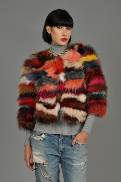 Super Shaggy Cropped Rainbow Fox Fur Jacket