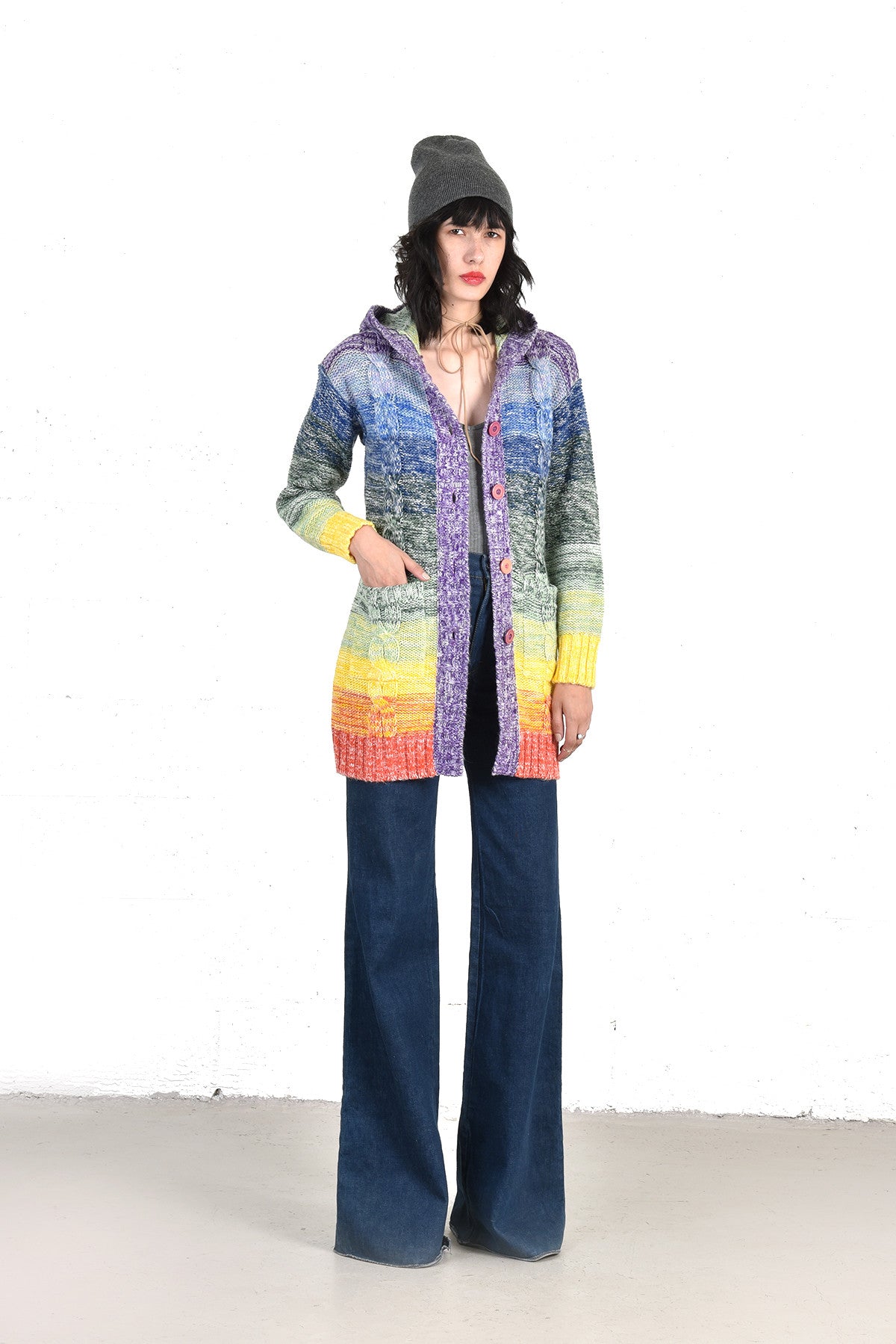 Raizy 1970s Rainbow Striped Hooded Cardigan