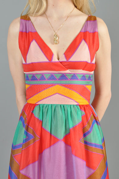 Rainbow Color Blocked 1970s Silk Flower Gown