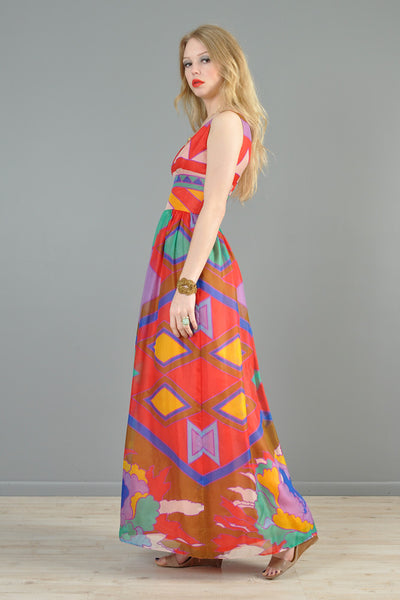 Rainbow Color Blocked 1970s Silk Flower Gown