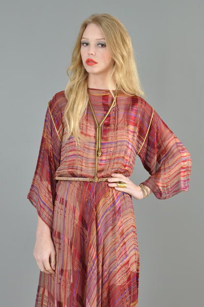 Sheer 1970s Metallic Stripe Silk Kimono Dress