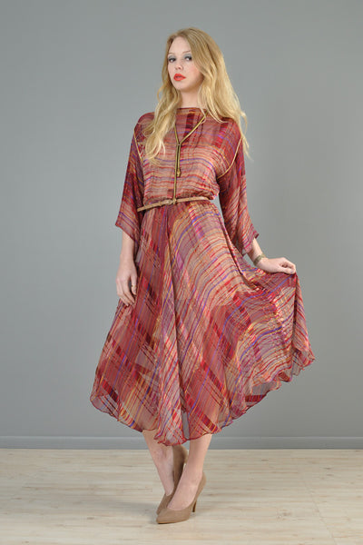 Sheer 1970s Metallic Stripe Silk Kimono Dress