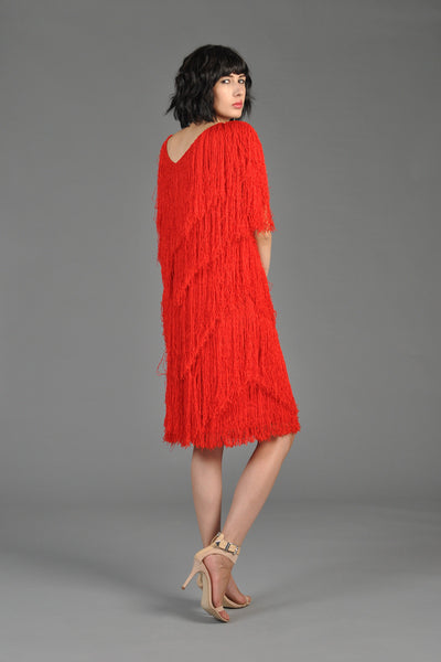 Cherry Red Fringed Knit Plunging Mini Dress