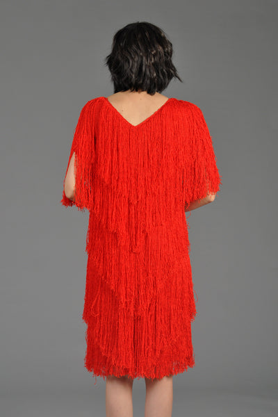 Cherry Red Fringed Knit Plunging Mini Dress