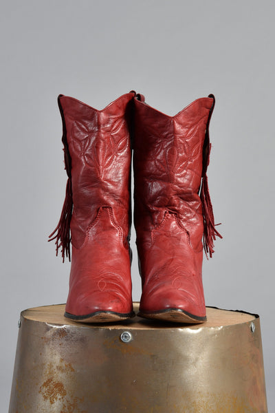 Red Fringe Tassel Leather Cowboy Boots 8