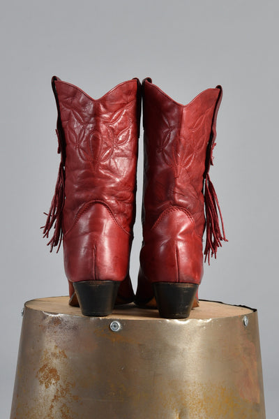 Red Fringe Tassel Leather Cowboy Boots 8