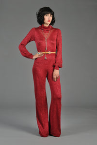Red Metallic Knit Longsleeve Turtleneck Jumpsuit
