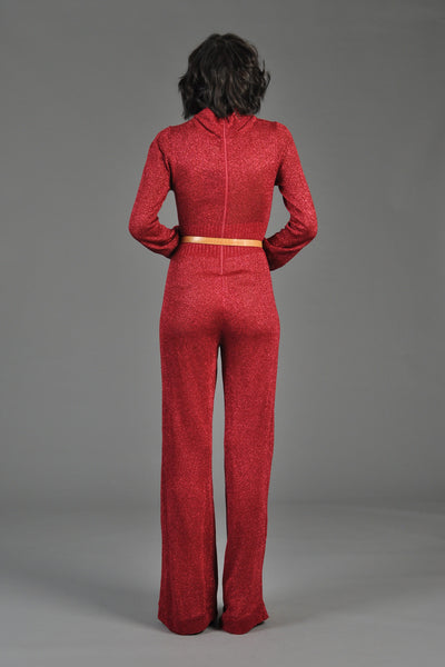 Red Metallic Knit Longsleeve Turtleneck Jumpsuit
