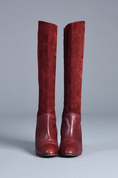 Oxblood Leather + Suede Boots with Embroidered Diamonds