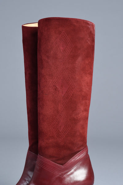 Oxblood Leather + Suede Boots with Embroidered Diamonds