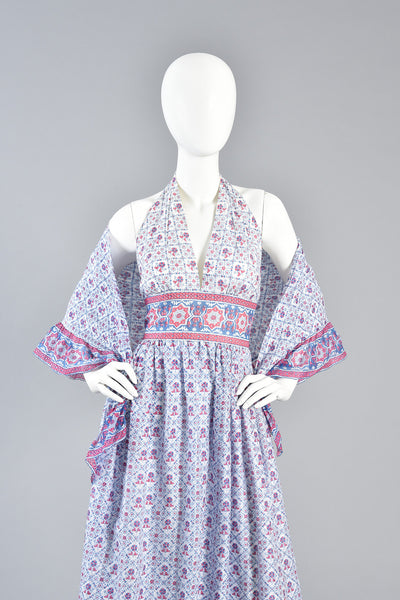 Lovely 1970s Indian Cotton Halter Dress w/Matching Scarf