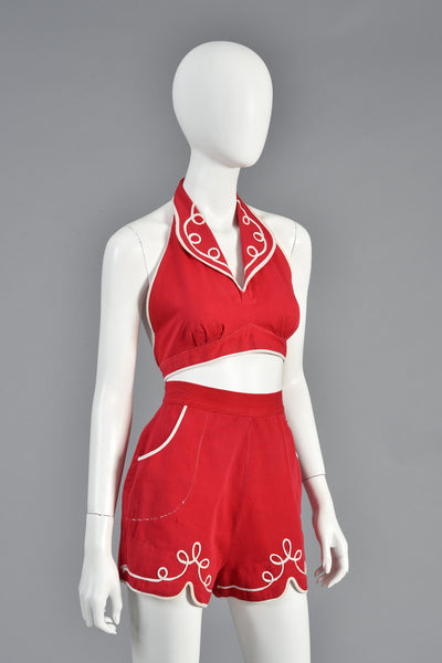 1940s 2 Piece Red Play Suit with White Trim