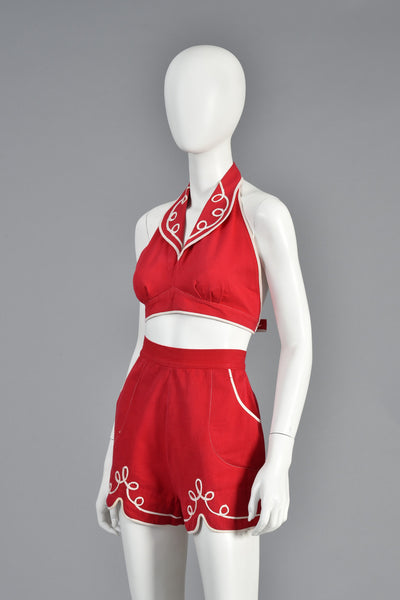 1940s 2 Piece Red Play Suit with White Trim