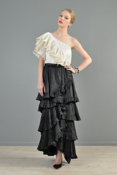 Richilene Black + White One-Shoulder Tiered Evening Gown
