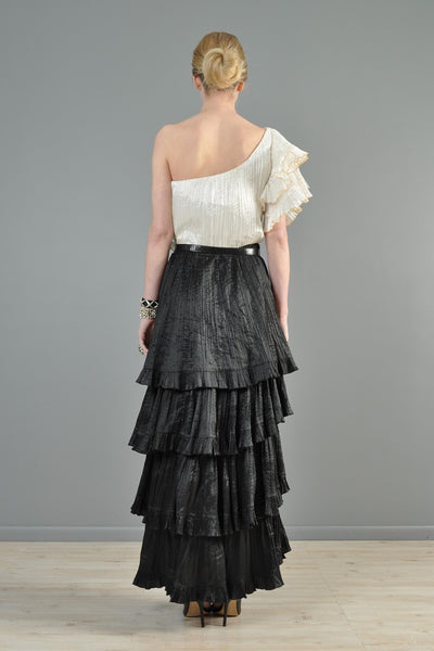 Richilene Black + White One-Shoulder Tiered Evening Gown