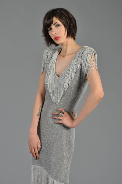 Metallic Silver Bodycon Knit Dress with Fringe