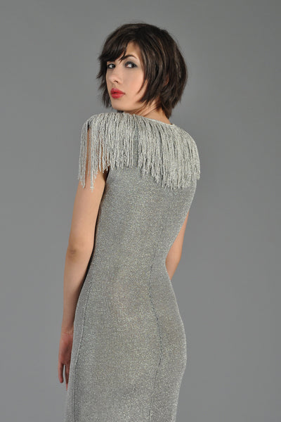 Metallic Silver Bodycon Knit Dress with Fringe