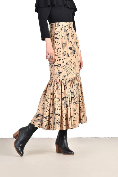 Evelyn Deco Print High Waist Silk Maxi Skirt