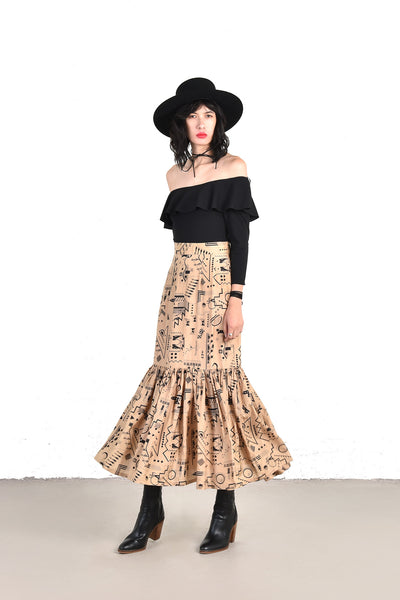 Evelyn Deco Print High Waist Silk Maxi Skirt