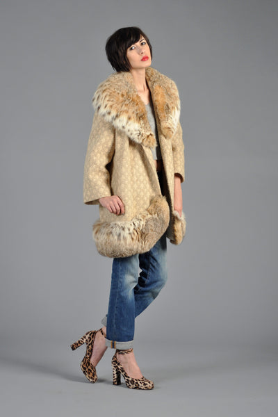 Spotted Montana Lynx + Geometric Patterned Wool Coat