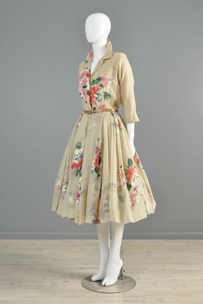 Holly Hoelscher Hand Painted 1950s Silk Chiffon Party Dress