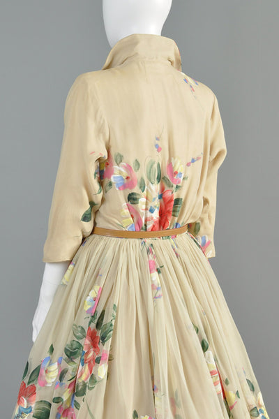 Holly Hoelscher Hand Painted 1950s Silk Chiffon Party Dress