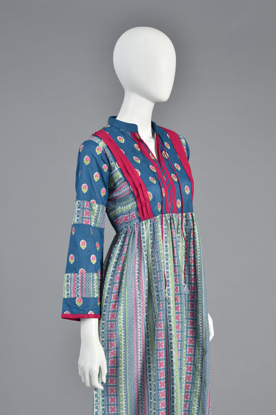 Suzy 70s Ethnic Embroidered Cotton Maxi Dress w/Bell Sleeves