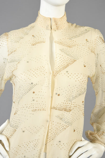 1970s Thea Porter Couture Silk Blouse Graphic Metallic Design