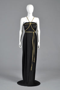 Valentino Black + Gold 1970s Pleated Grecian Gown