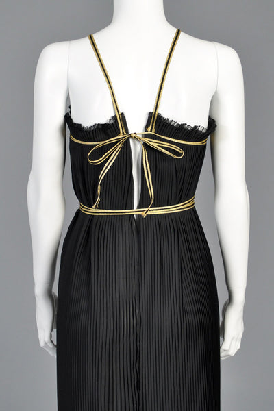 Valentino Black + Gold 1970s Pleated Grecian Gown