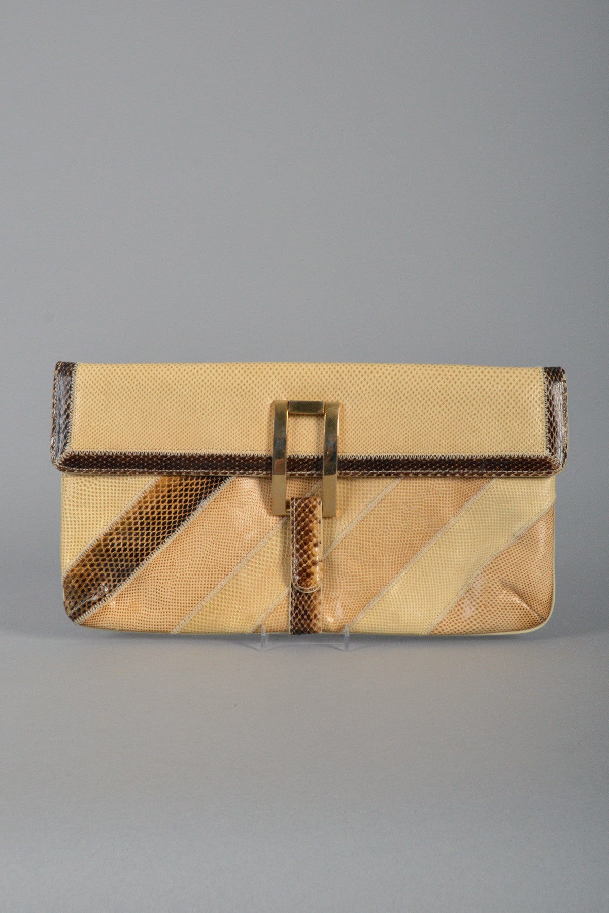Varon 1980s Natural Snakeskin Striped Clutch with Buckle