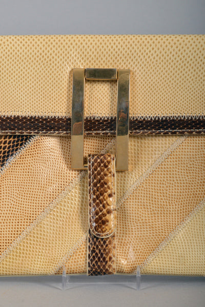 Varon 1980s Natural Snakeskin Striped Clutch with Buckle