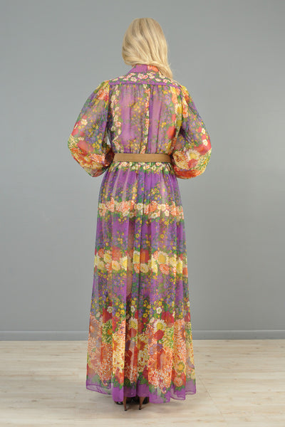 Victor Costa 1970s Blouson Sleeved Maxi Dress
