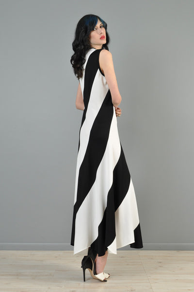 Black + White Swirly-Striped Scallop Maxi Dress