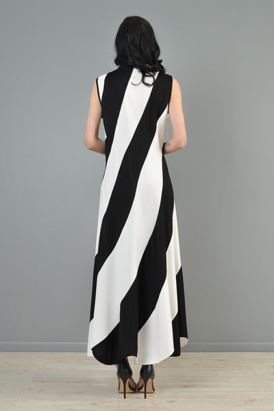 Black + White Swirly-Striped Scallop Maxi Dress