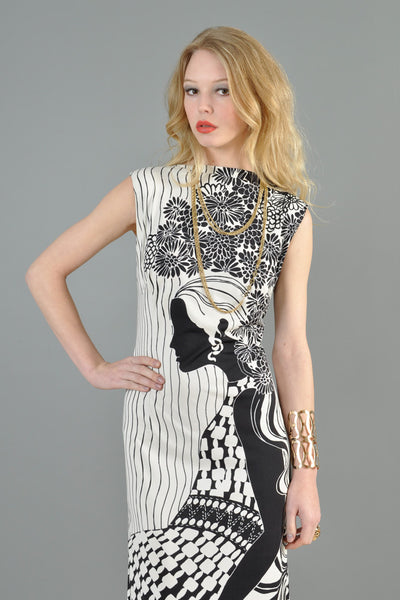 Black + White 1970s Graphic Woman Maxi Dress