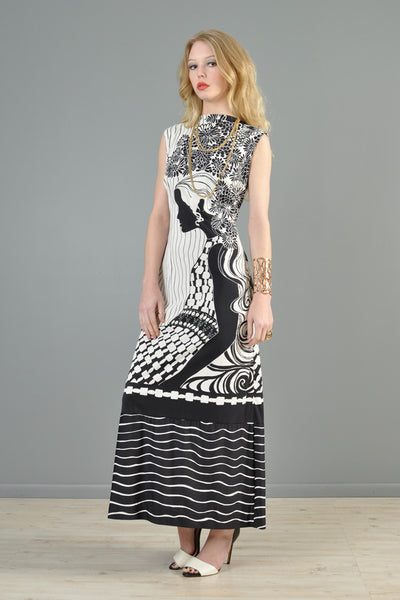 Black + White 1970s Graphic Woman Maxi Dress