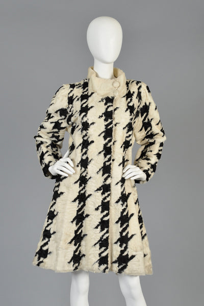 Mod 1960s Houndstooth Swakara Astrakhan Fur Coat