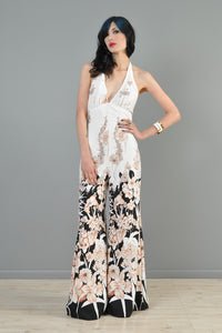 Black + White 1970s Ombre Floral Backless Palazzo Jumpsuit