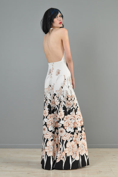 Black + White 1970s Ombre Floral Backless Palazzo Jumpsuit